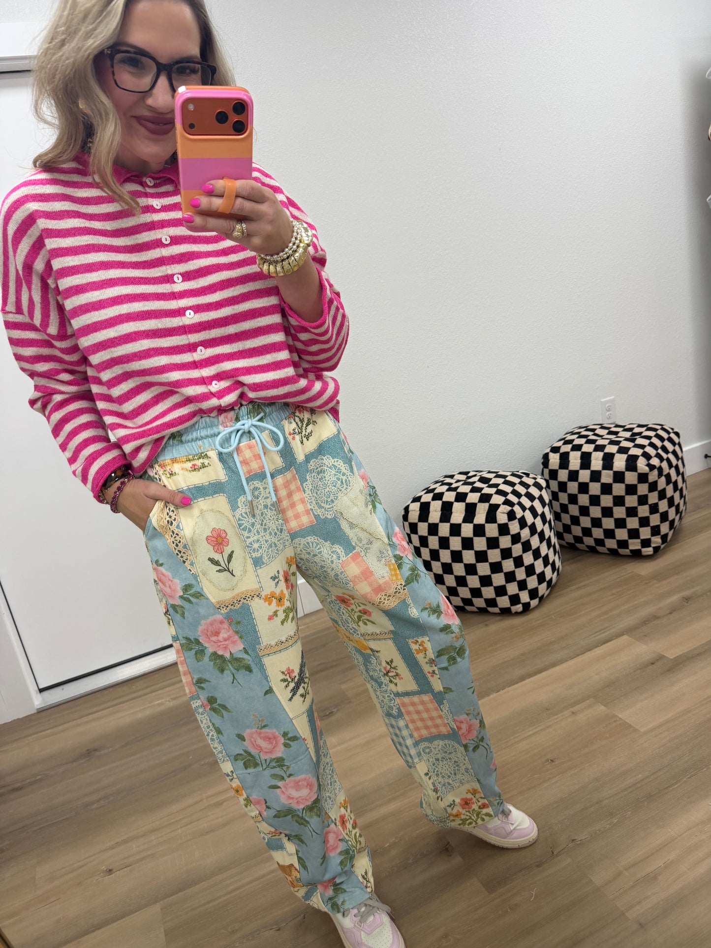 Blue Combo Cottage Floral Patchwork Print Knit Jogger Pants