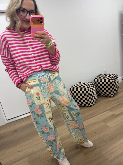 Blue Combo Cottage Floral Patchwork Print Knit Jogger Pants