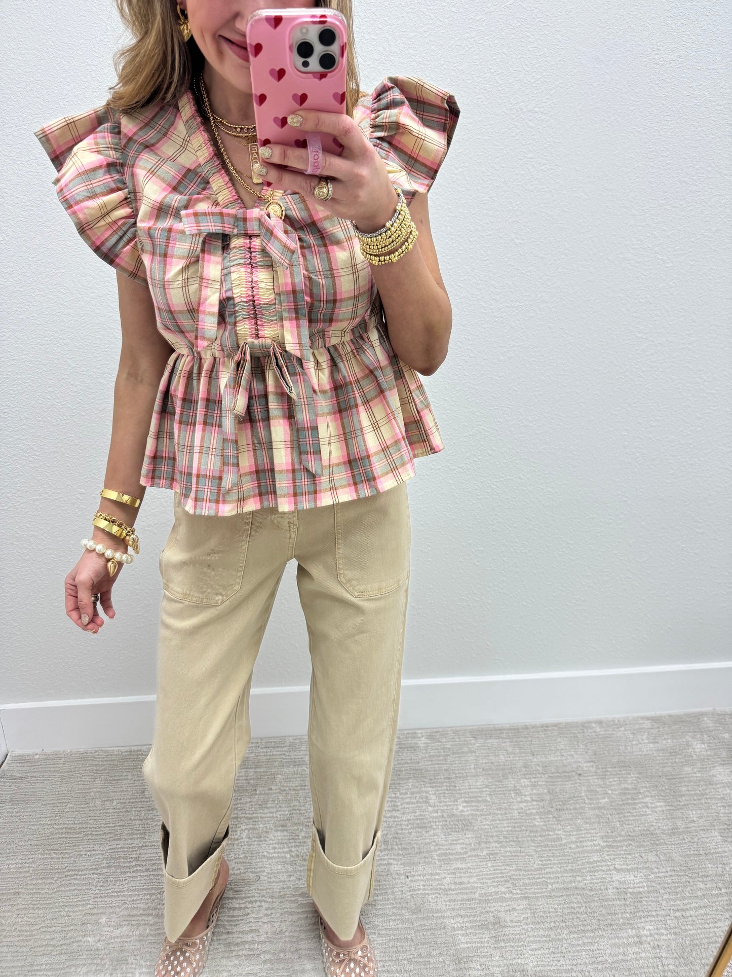 Risen Latte High Rise Wide Straight Turn Up Cuff Pants