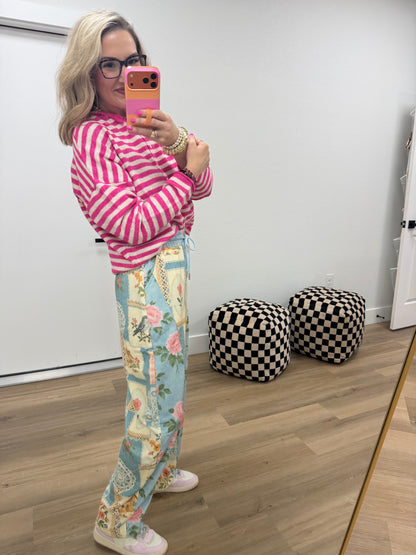 Blue Combo Cottage Floral Patchwork Print Knit Jogger Pants