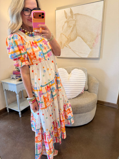Pastel Plaid With Dots & Flowers Maxi Dress