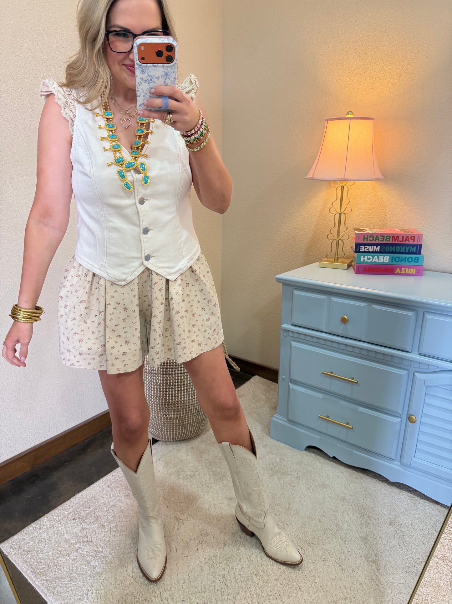 Floral Denim Romper With Pleated Detail