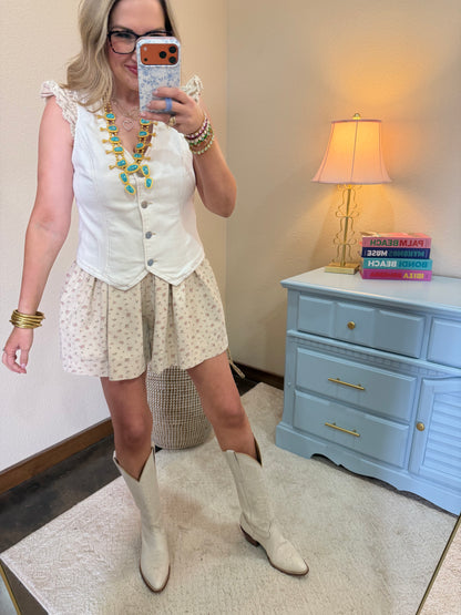 Floral Denim Romper With Pleated Detail