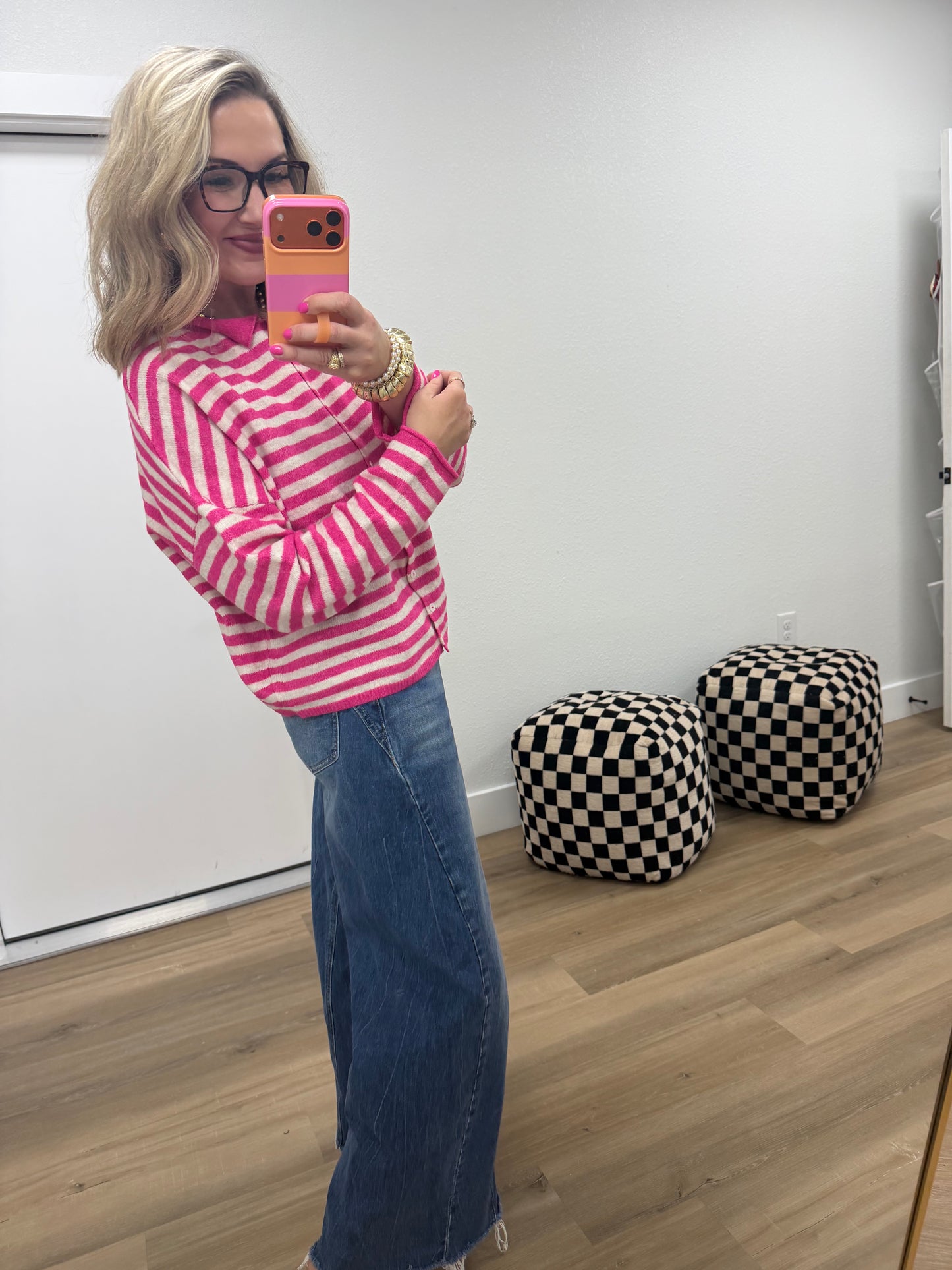 Hot Pink Striped Collared Button-down Sweater Cardigan