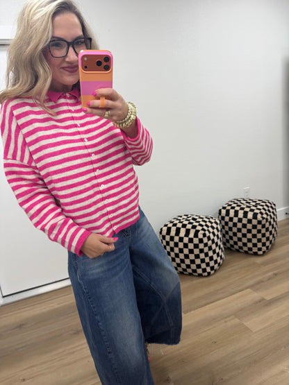 Hot Pink Striped Collared Button-down Sweater Cardigan