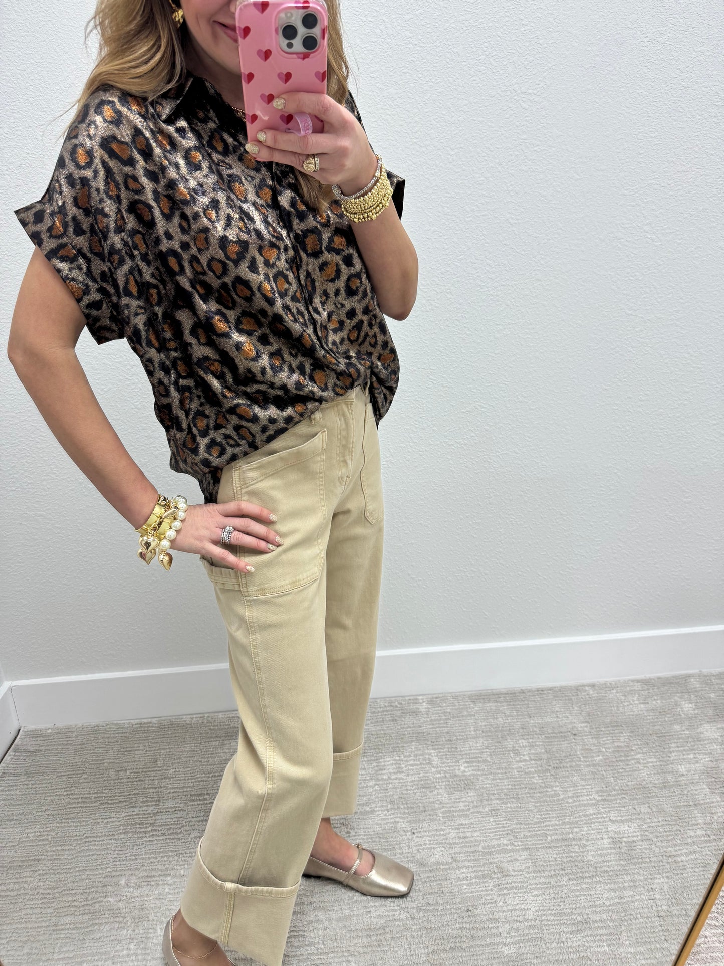 Risen Latte High Rise Wide Straight Turn Up Cuff Pants
