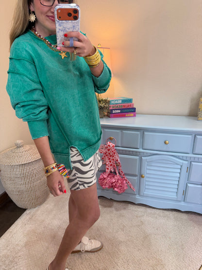 Green Acid Wash Exposed-seam Fleece Sweatshirt