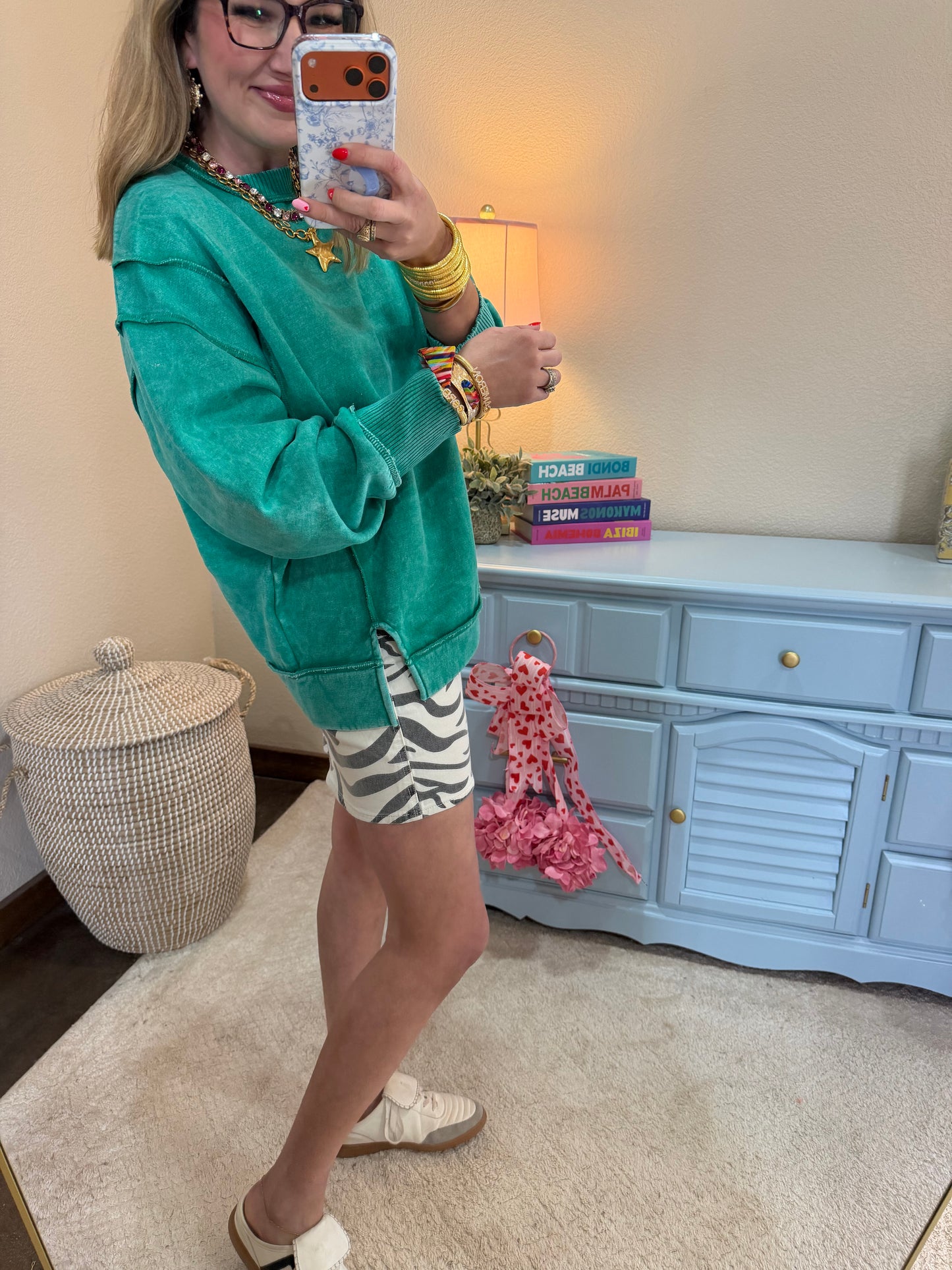 Green Acid Wash Exposed-seam Fleece Sweatshirt