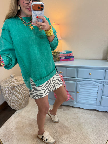 Green Acid Wash Exposed-seam Fleece Sweatshirt