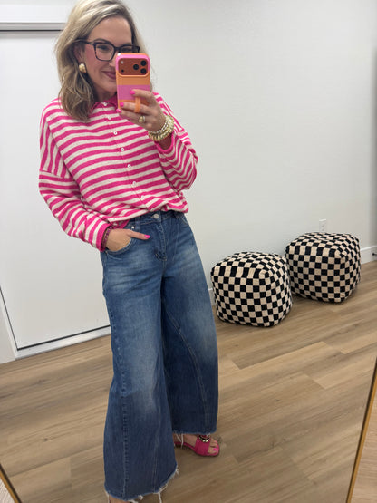 Hot Pink Striped Collared Button-down Sweater Cardigan