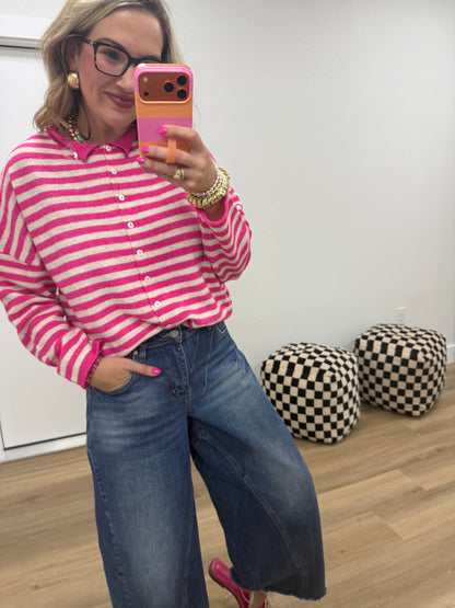 Hot Pink Striped Collared Button-down Sweater Cardigan