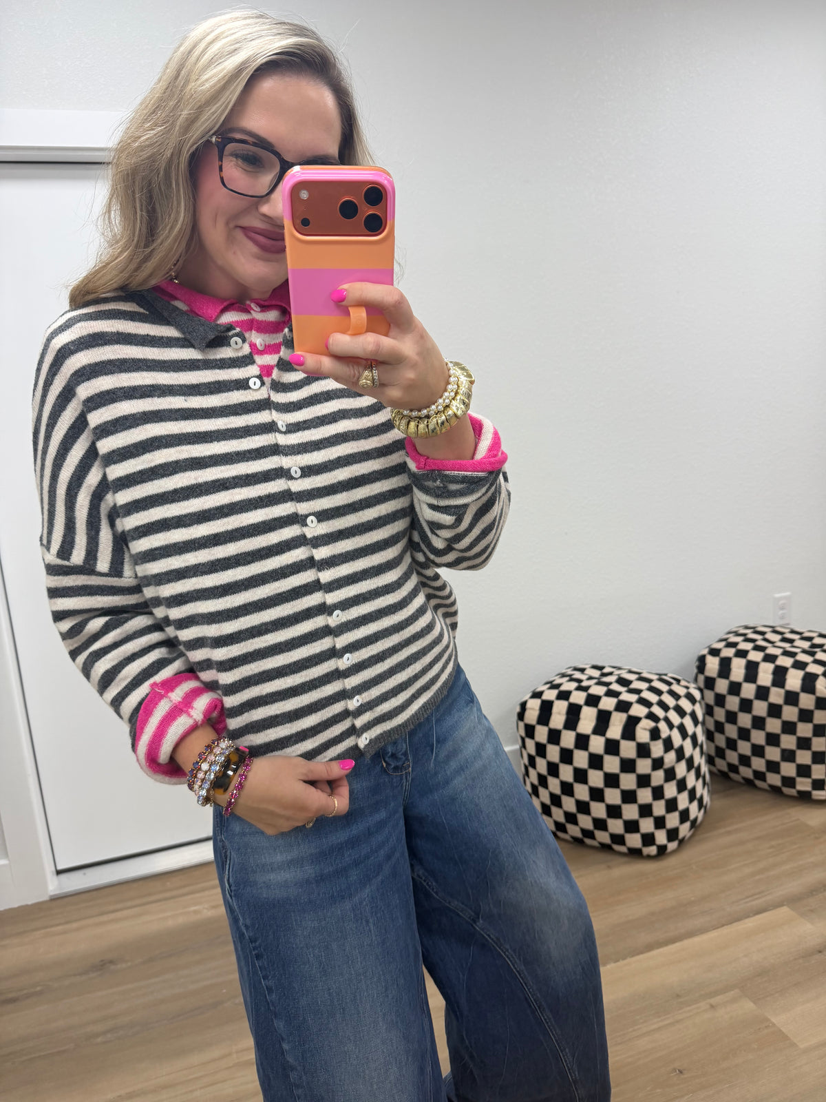 Charcoal Striped Collared Button-down Sweater Cardigan