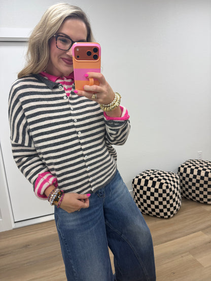 Charcoal Striped Collared Button-down Sweater Cardigan