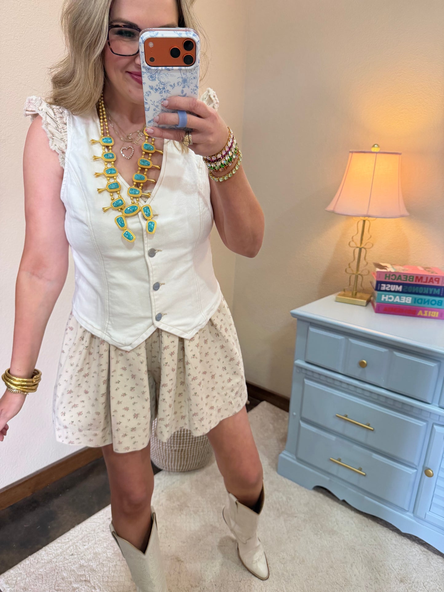 Floral Denim Romper With Pleated Detail