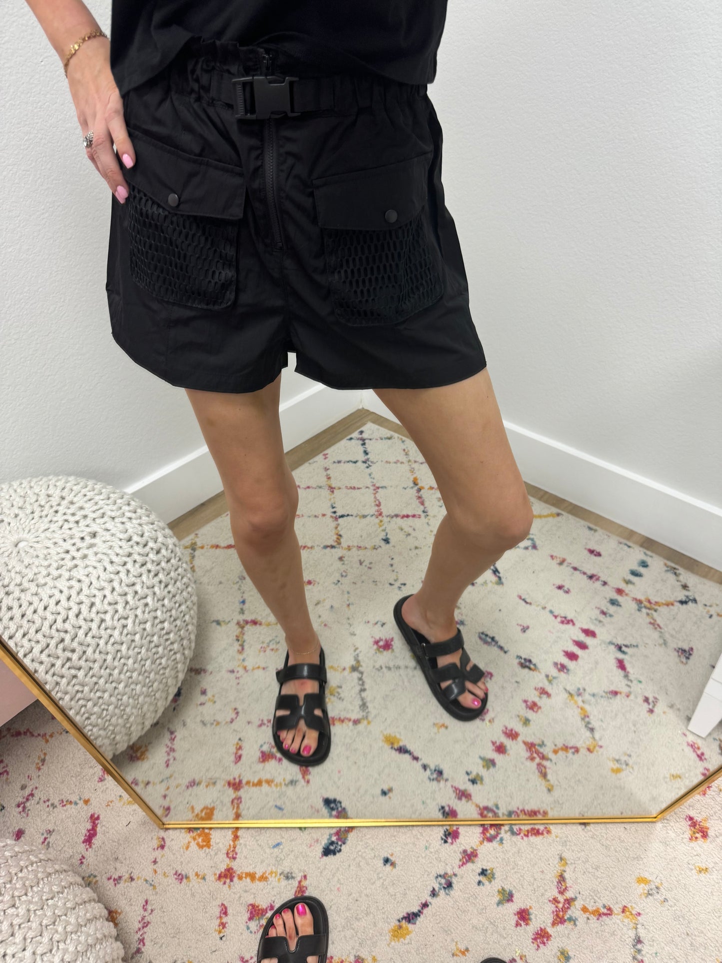 Black Cargo Front Windbreaker Shorts