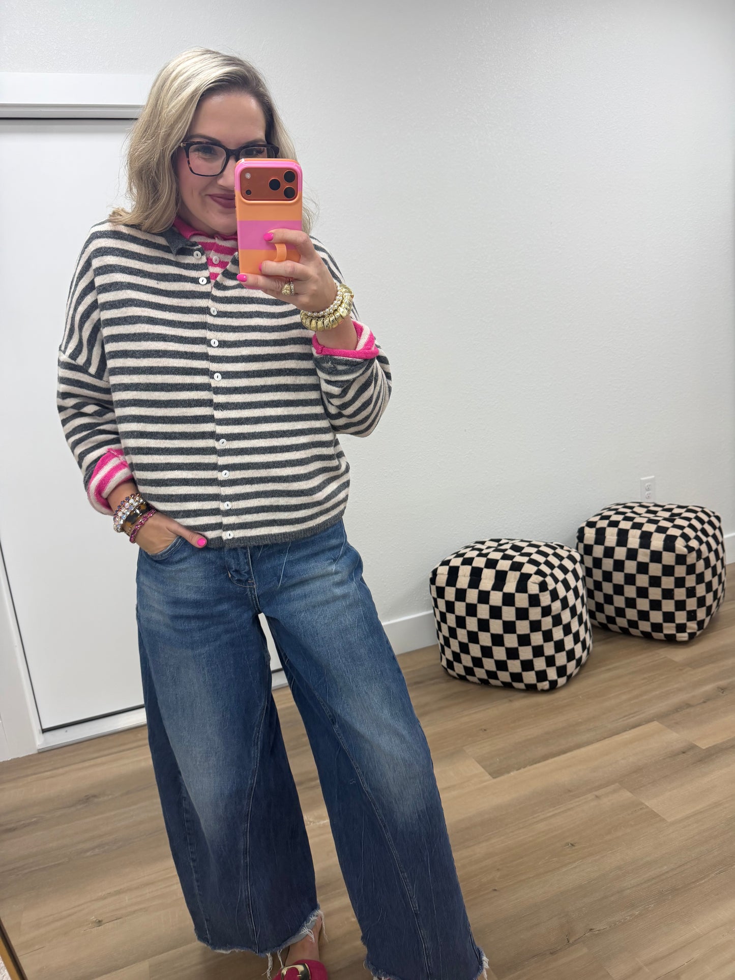 Charcoal Striped Collared Button-down Sweater Cardigan
