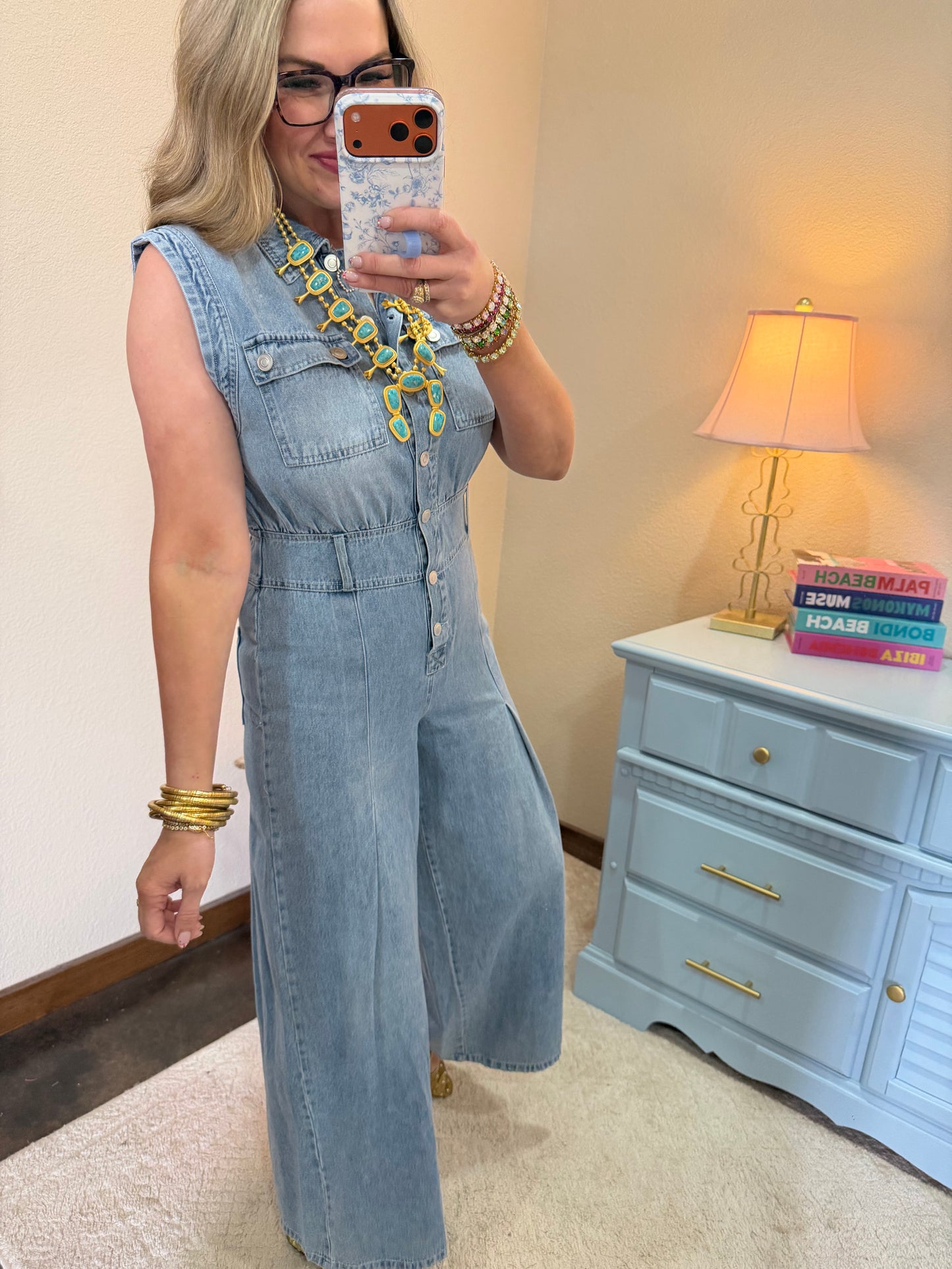 Denim Sleeveless Tuck Pleated Wide Leg Jumpsuit