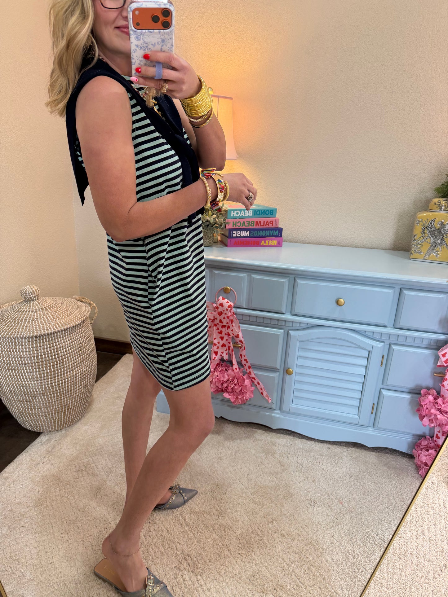 Navy Striped Shoulder Look Dress