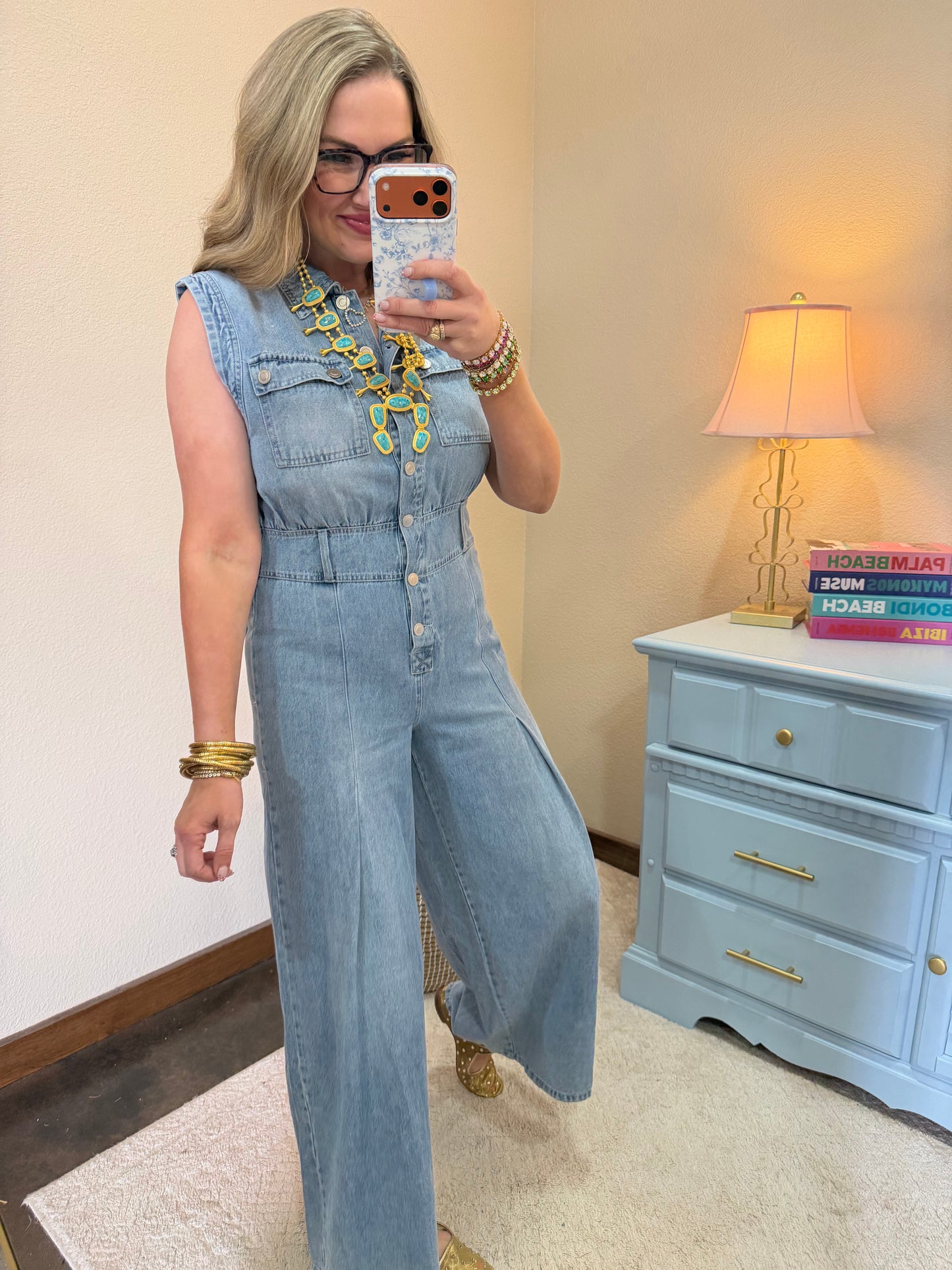 Denim Sleeveless Tuck Pleated Wide Leg Jumpsuit