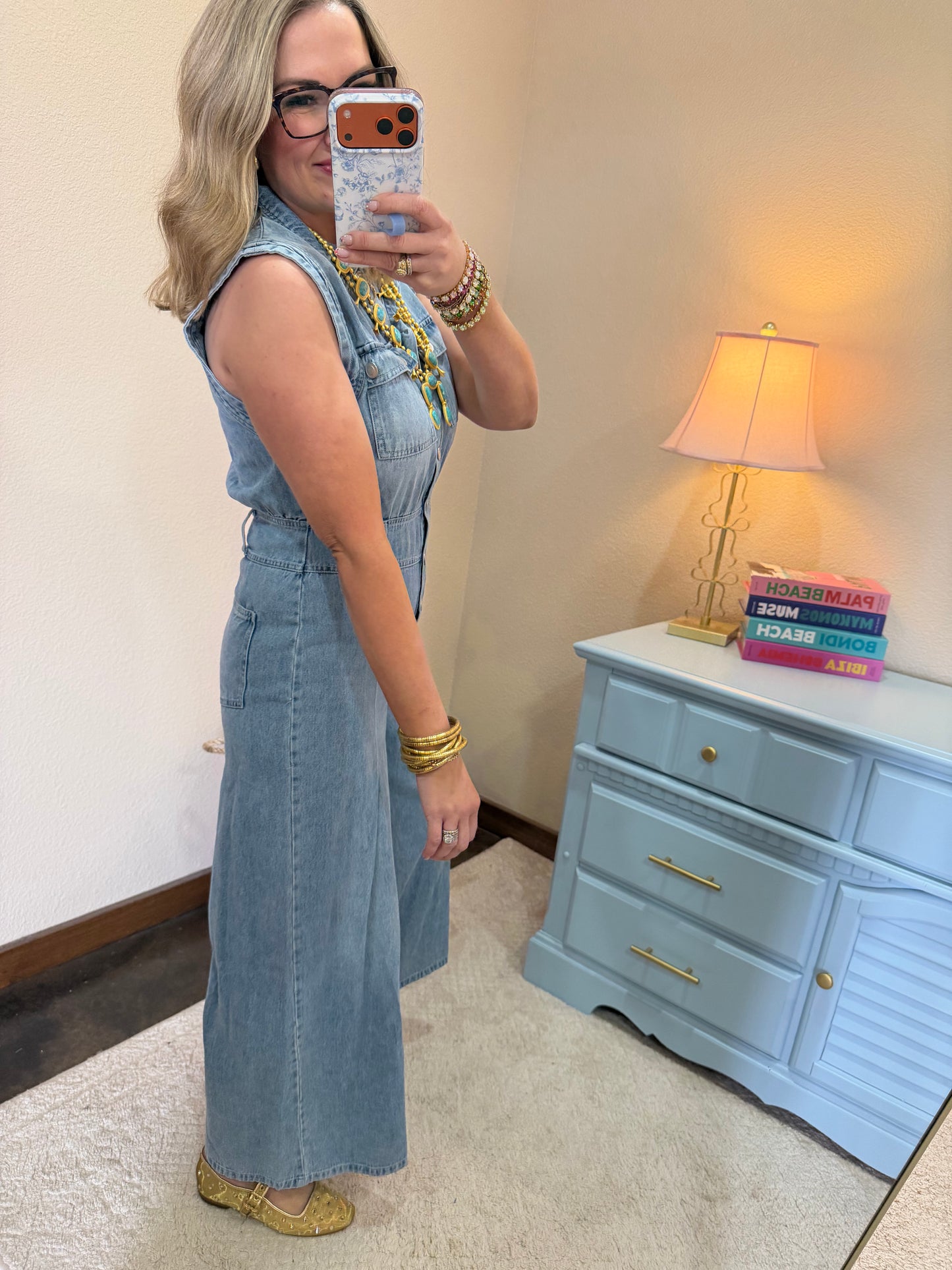 Denim Sleeveless Tuck Pleated Wide Leg Jumpsuit