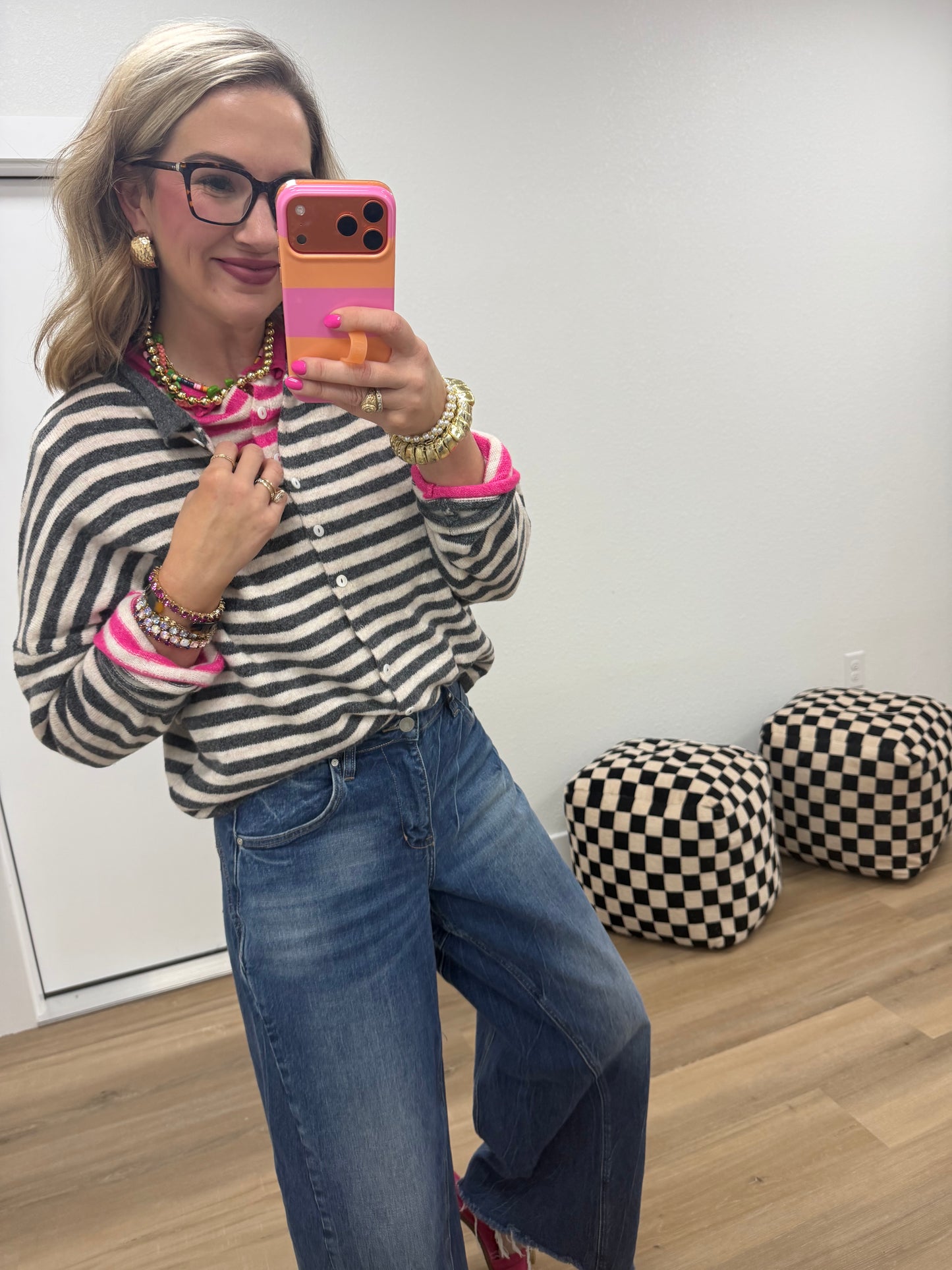 Charcoal Striped Collared Button-down Sweater Cardigan