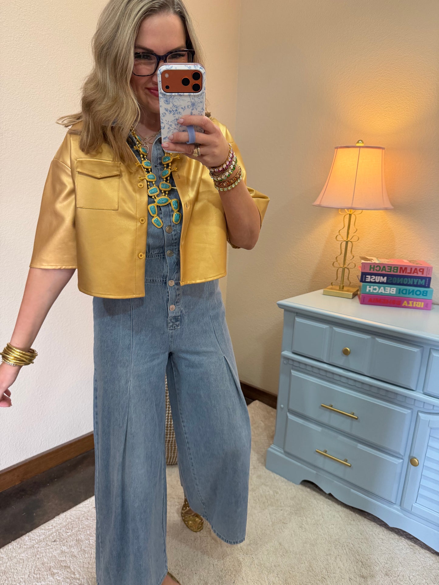 Gold Faux Leather Crop Short Sleeve