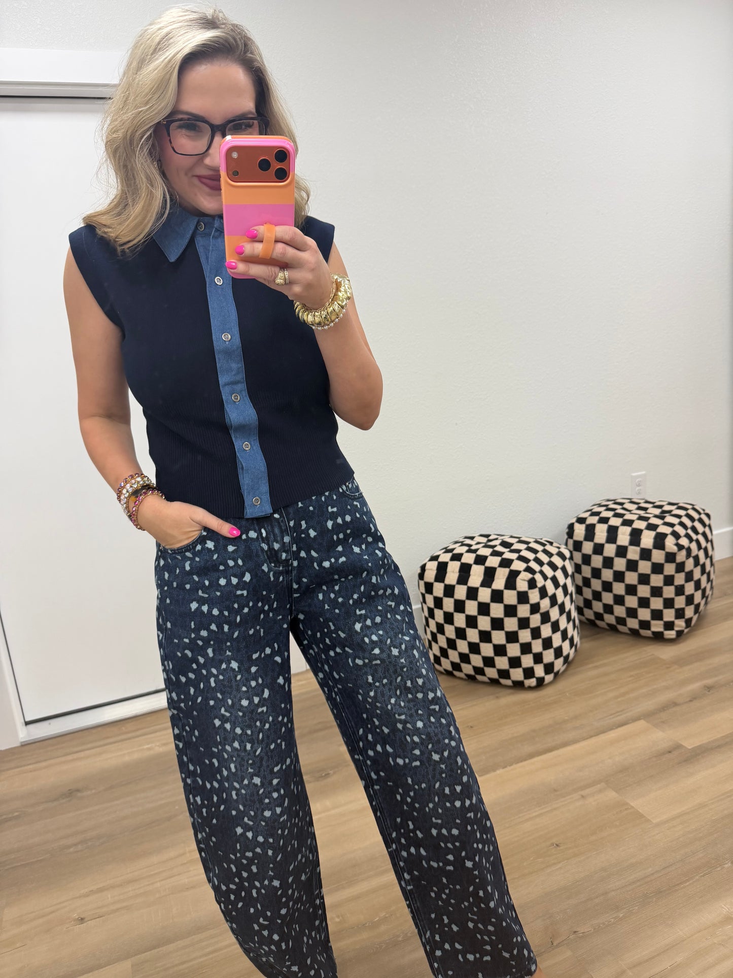 Leopard Jacquard Denim Barrel-Leg Pants