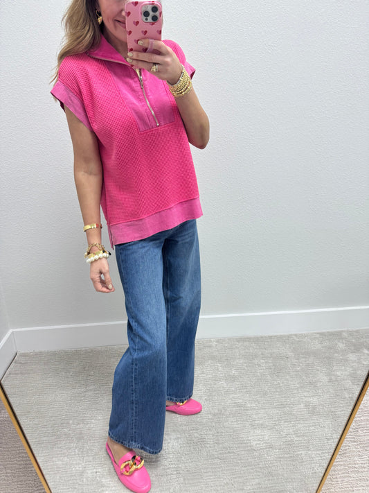 Hot Pink Waffle 3/4 Zip Tank Top