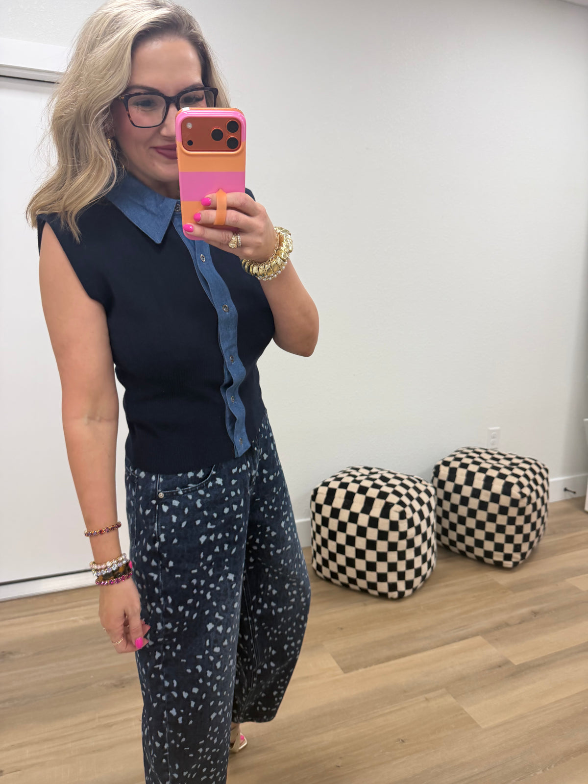 Navy Collared Denim Gathered Bottom Top