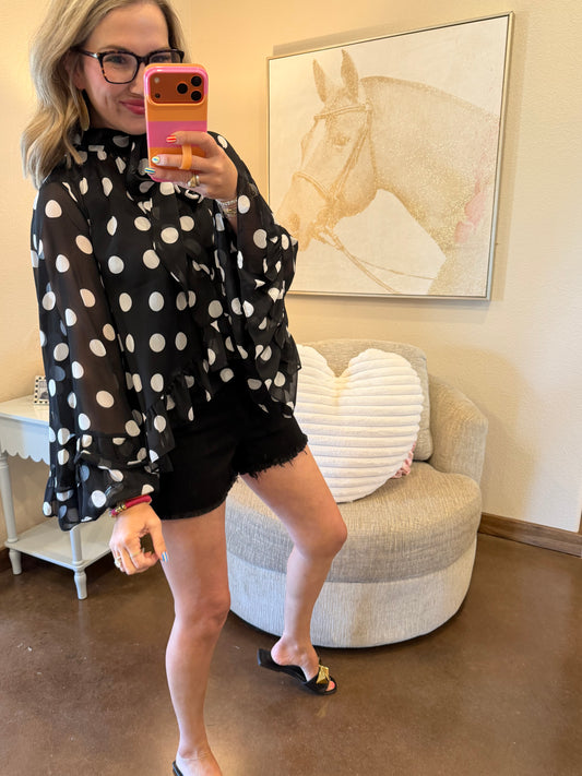 Polka Dot Sheer Chiffon Ruffle Blouse: Black White