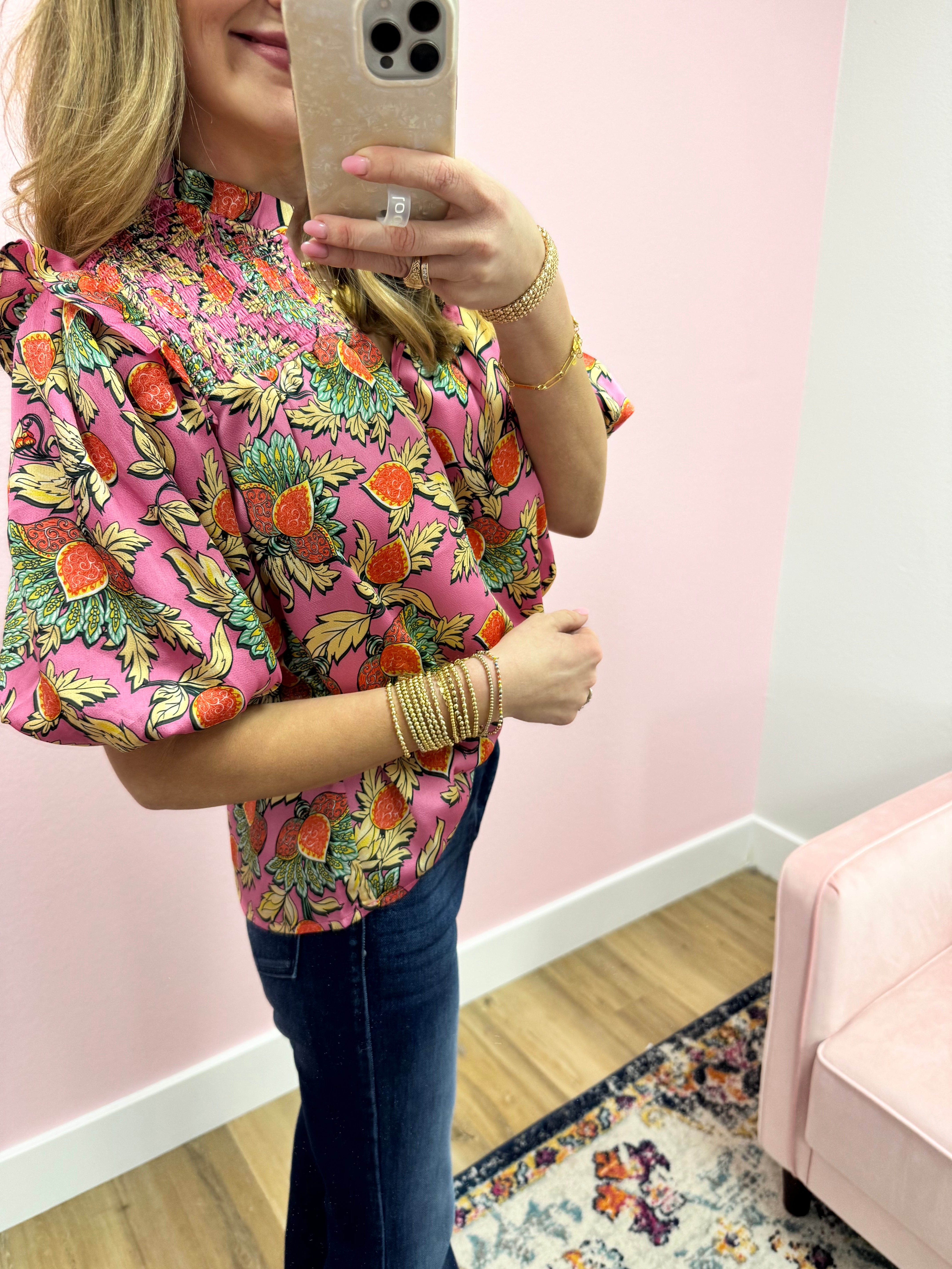 THML Pink Floral Smocked Top Puff Sleeve