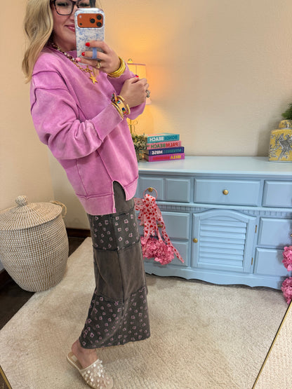 Mauve Acid Wash Exposed-seam Fleece Sweatshirt