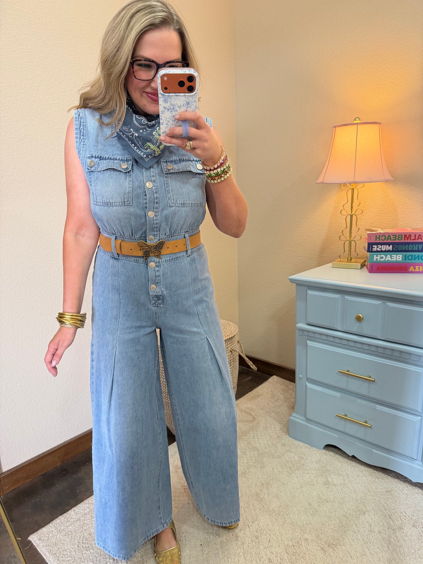 Denim Sleeveless Tuck Pleated Wide Leg Jumpsuit