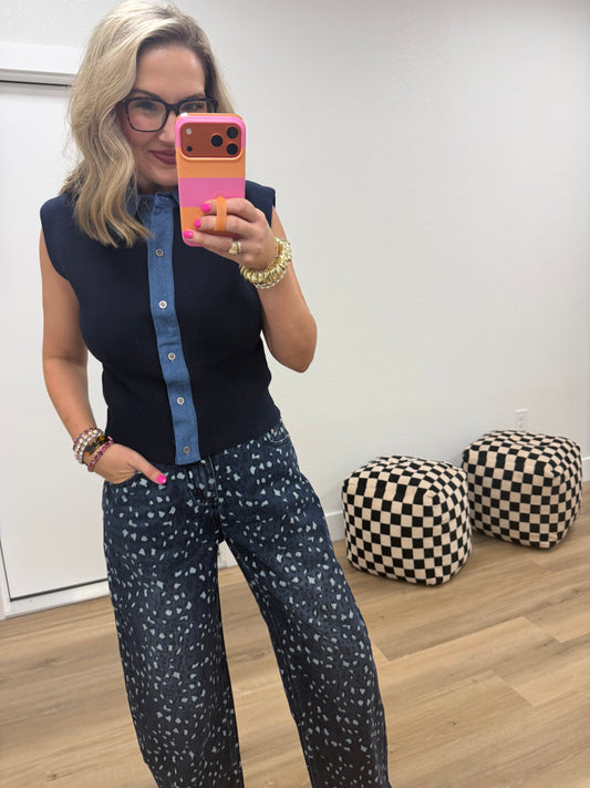 Navy Collared Denim Gathered Bottom Top