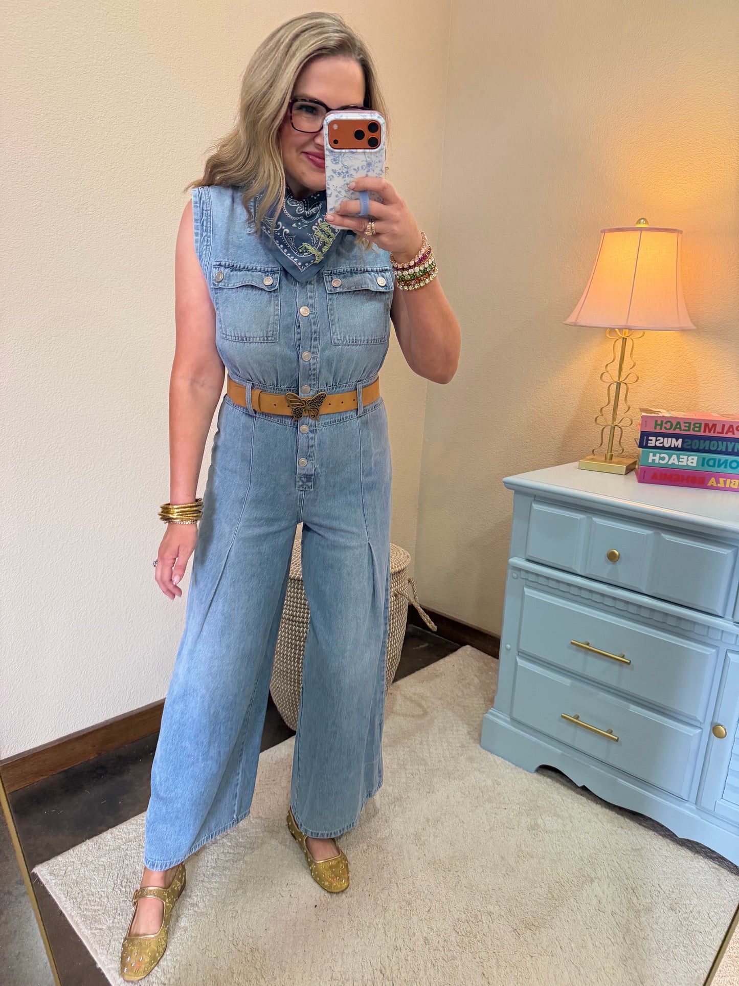 Denim Sleeveless Tuck Pleated Wide Leg Jumpsuit