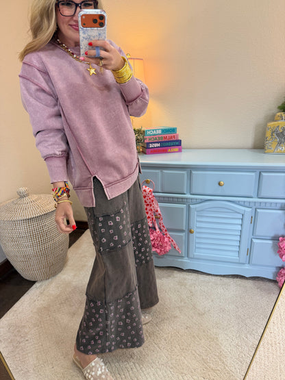 Light Plum Acid Wash Exposed-seam Fleece Sweatshirt