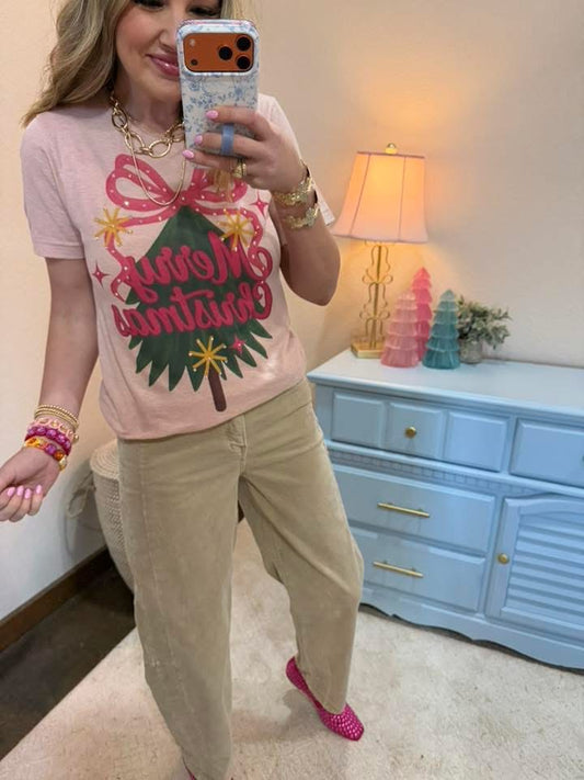 Pink Merry Christmas Embellished Tshirt