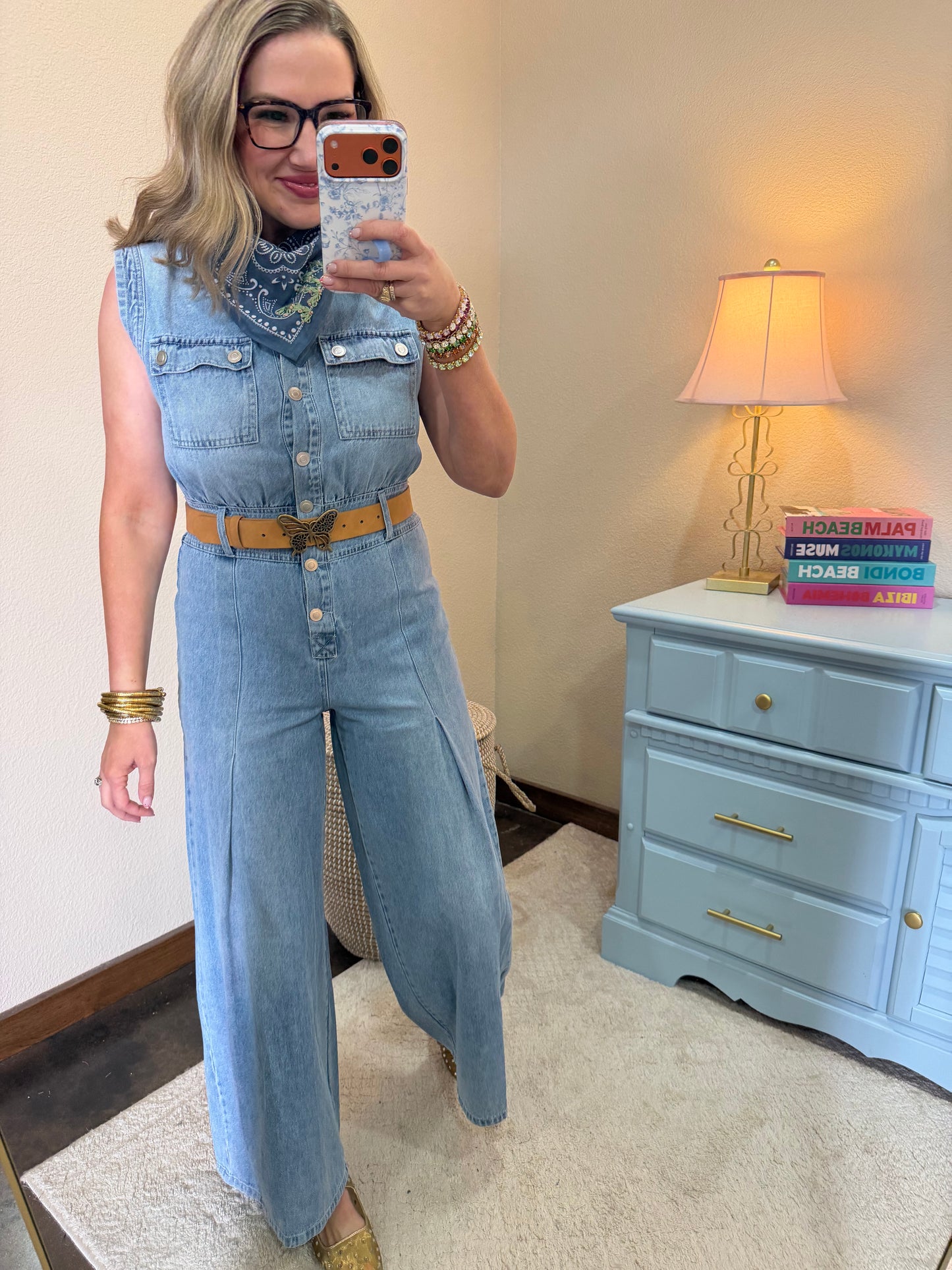 Denim Sleeveless Tuck Pleated Wide Leg Jumpsuit