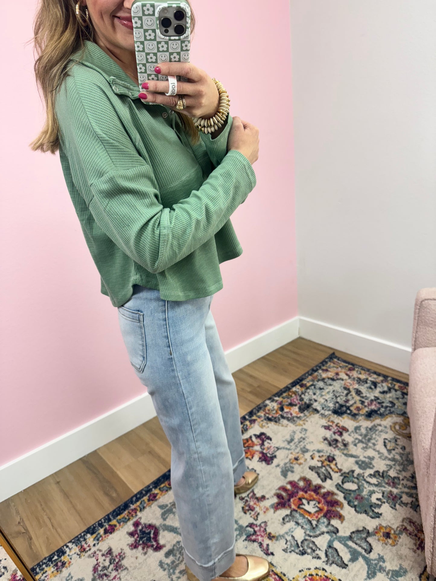 Sage Knit Henley Button Long Sleeve Top