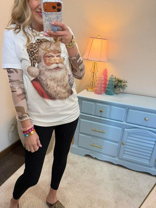 Santa Leopard Champagne Embellished Tshirt
