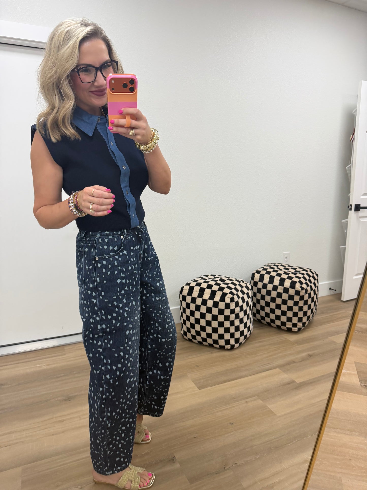 Leopard Jacquard Denim Barrel-Leg Pants