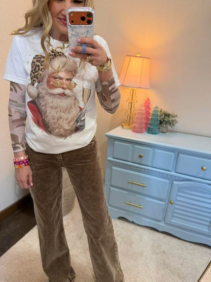 Santa Leopard Champagne Embellished Tshirt