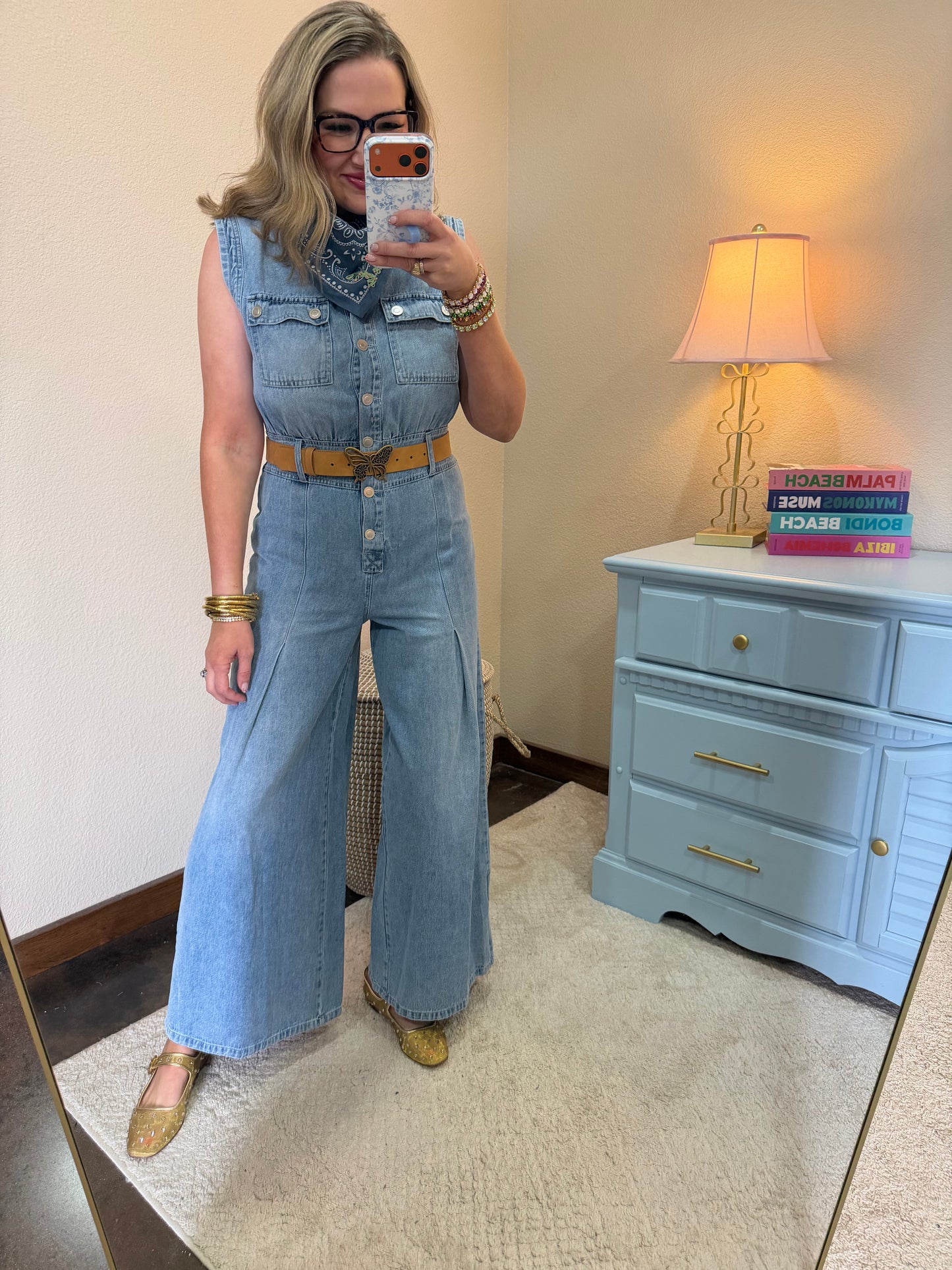 Denim Sleeveless Tuck Pleated Wide Leg Jumpsuit