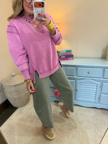 Mauve Acid Wash Exposed-seam Fleece Sweatshirt