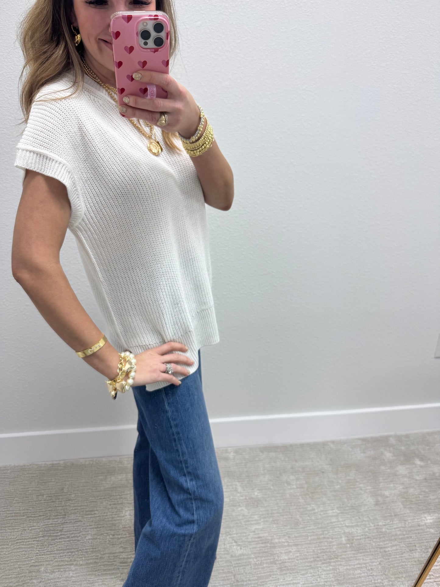 White Knit Short Sleeve Top