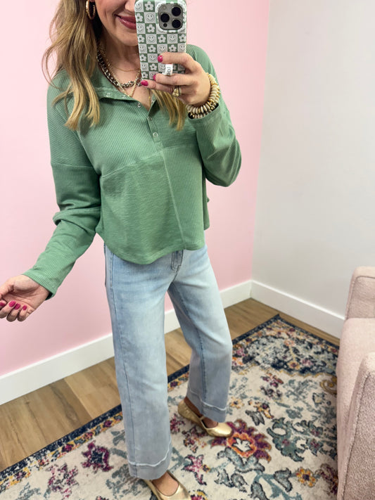 Sage Knit Henley Button Long Sleeve Top