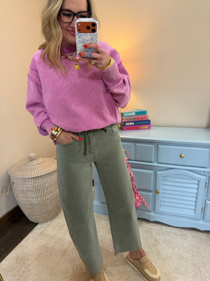 Mauve Acid Wash Exposed-seam Fleece Sweatshirt