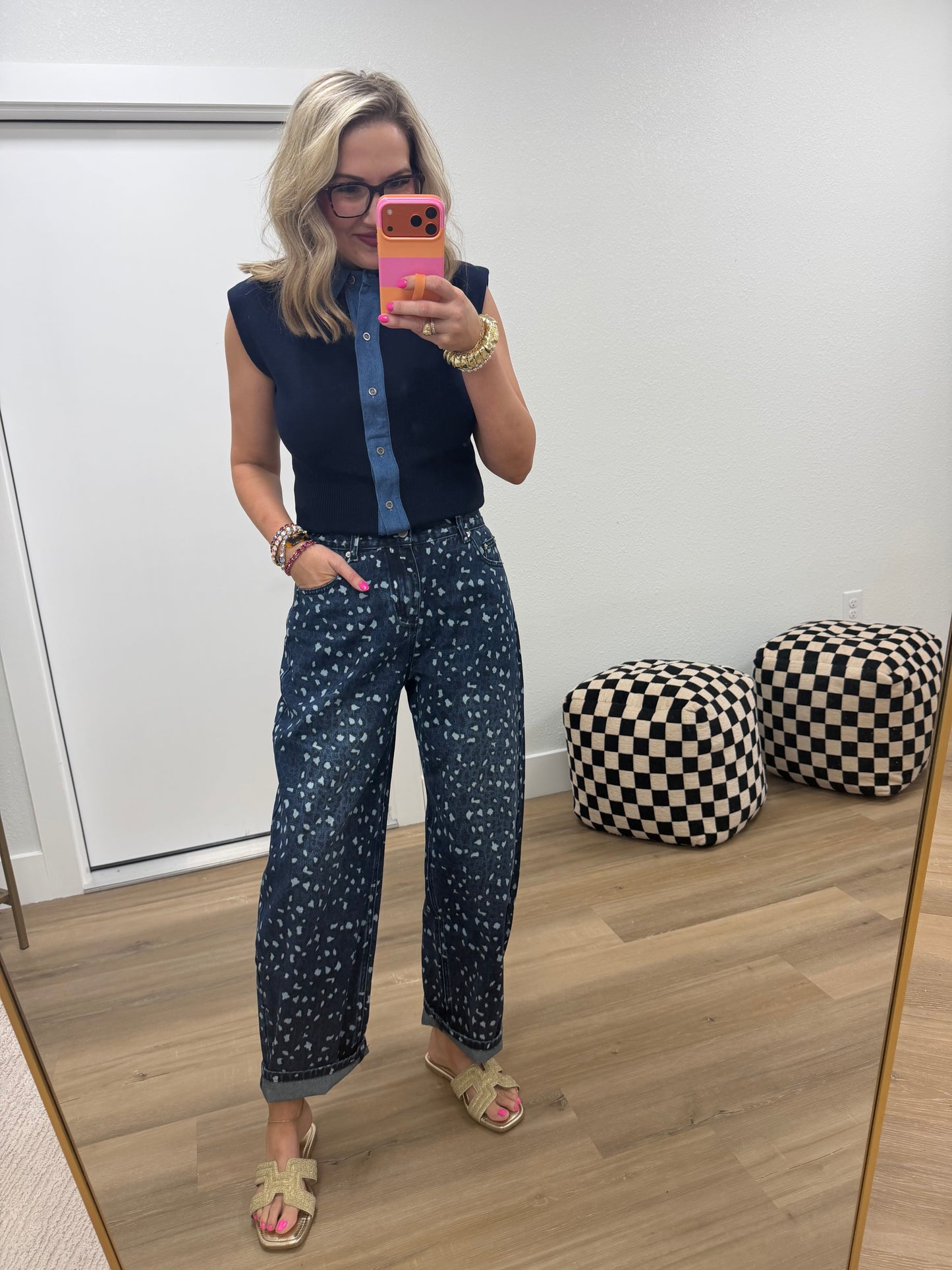 Leopard Jacquard Denim Barrel-Leg Pants