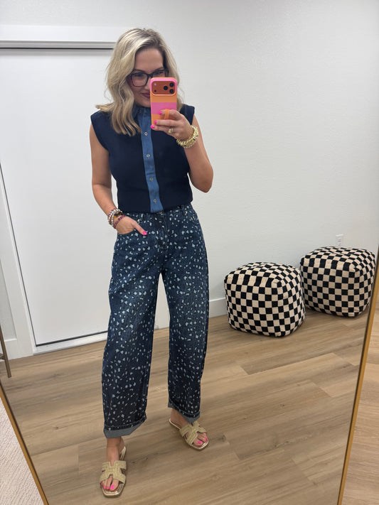 Leopard Jacquard Denim Barrel-Leg Pants