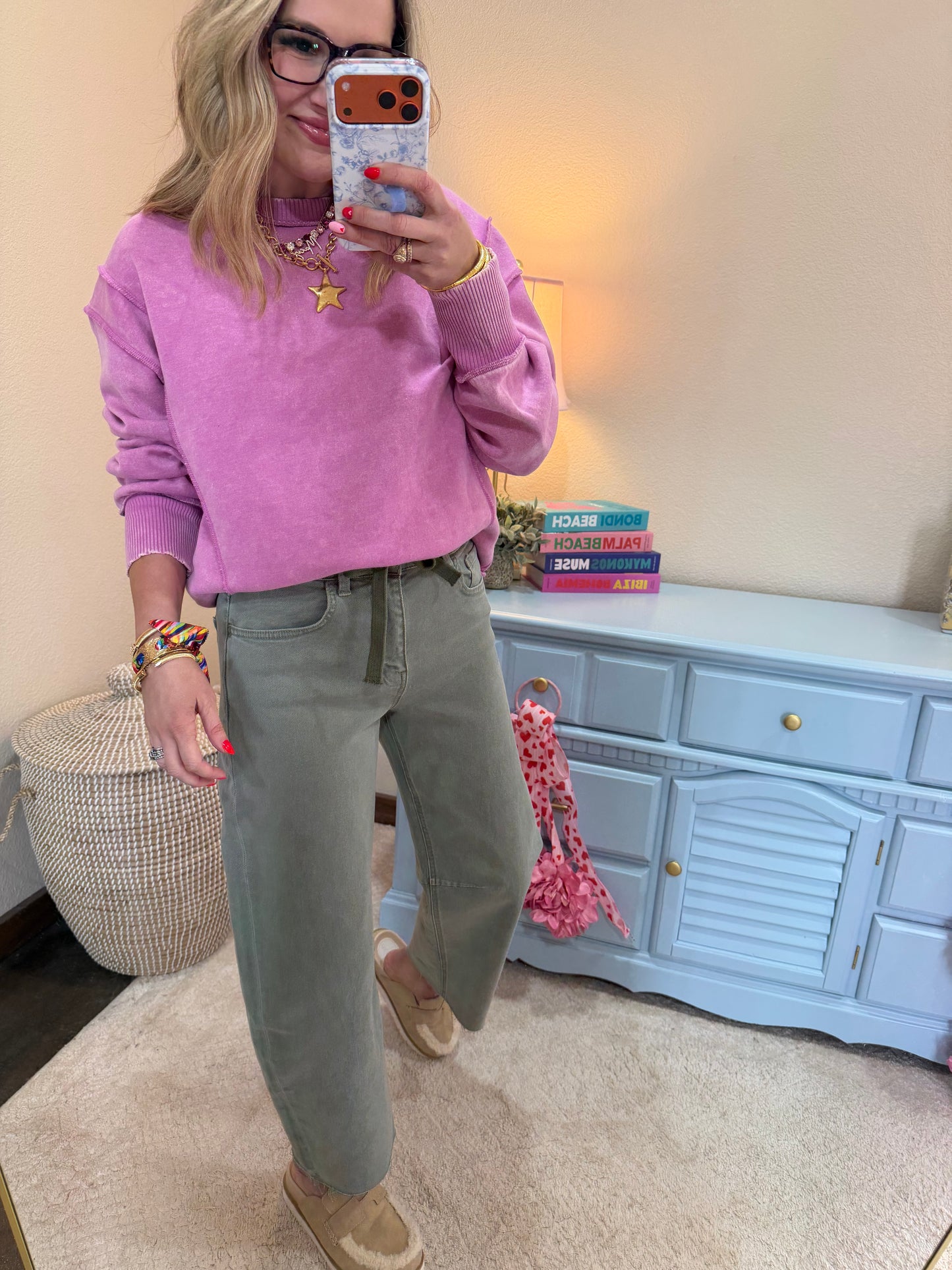 Mauve Acid Wash Exposed-seam Fleece Sweatshirt